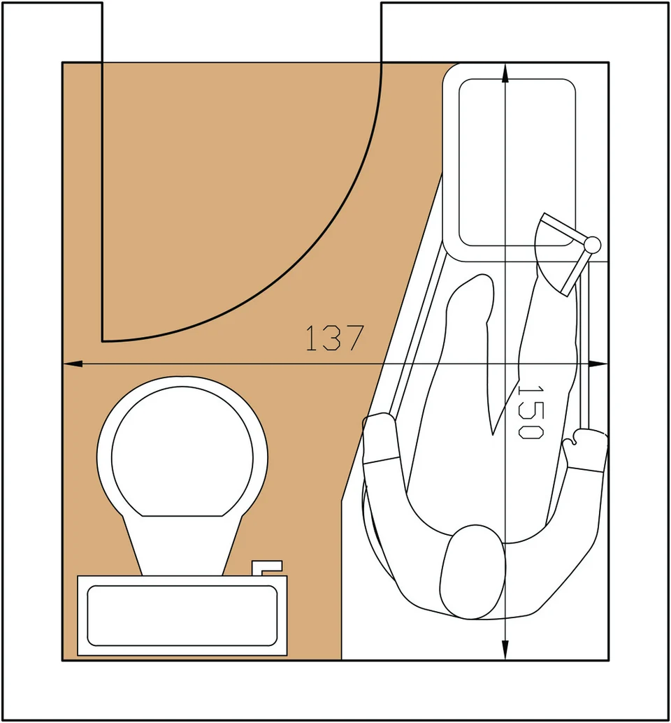 Tlocrt kupaonice s kadom, umivaonikom i WC školjkom