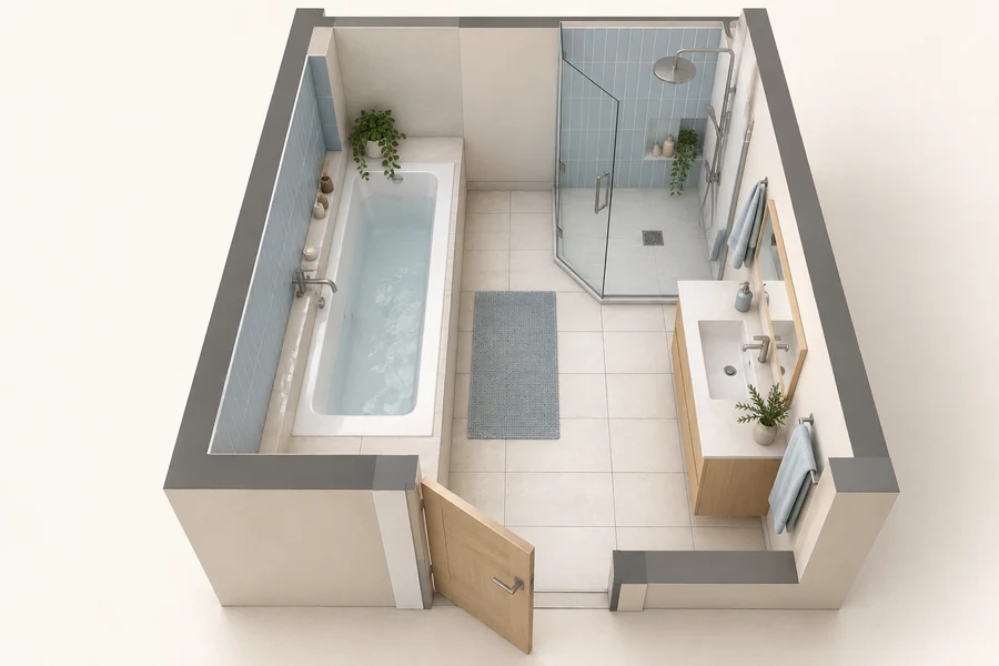 Planer kupaonice s rasporedom sanitarija u 2D i 3D