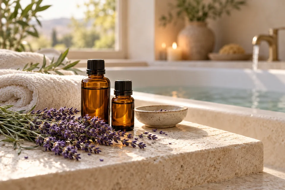 Mirisne bočice, lavanda i mekani ručnici u kućnom wellness kutku – ilustrativni prikaz